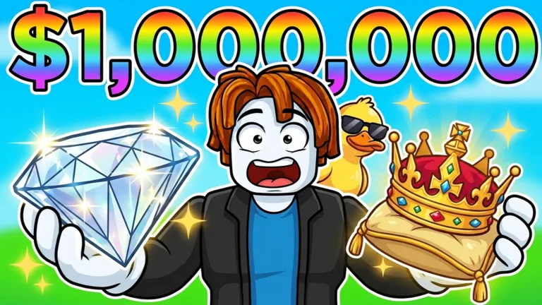 The Collect 1 Million Items Roblox thumbnail: an avatar holds up a cut diamond and a jewelled crown under rainbow "$1,000,000" lettering, with a duck in sunglasses behind.
